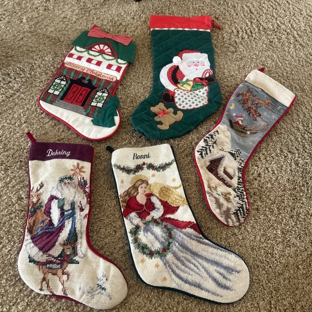 Sferra USA Vtg Embroidered Wool Cross Stitch Bucilla Stockings Lot Needlepoint